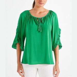 Jade by Melody Tam Green Ruffle Sleeve Tassel Tie Blouse Size XS